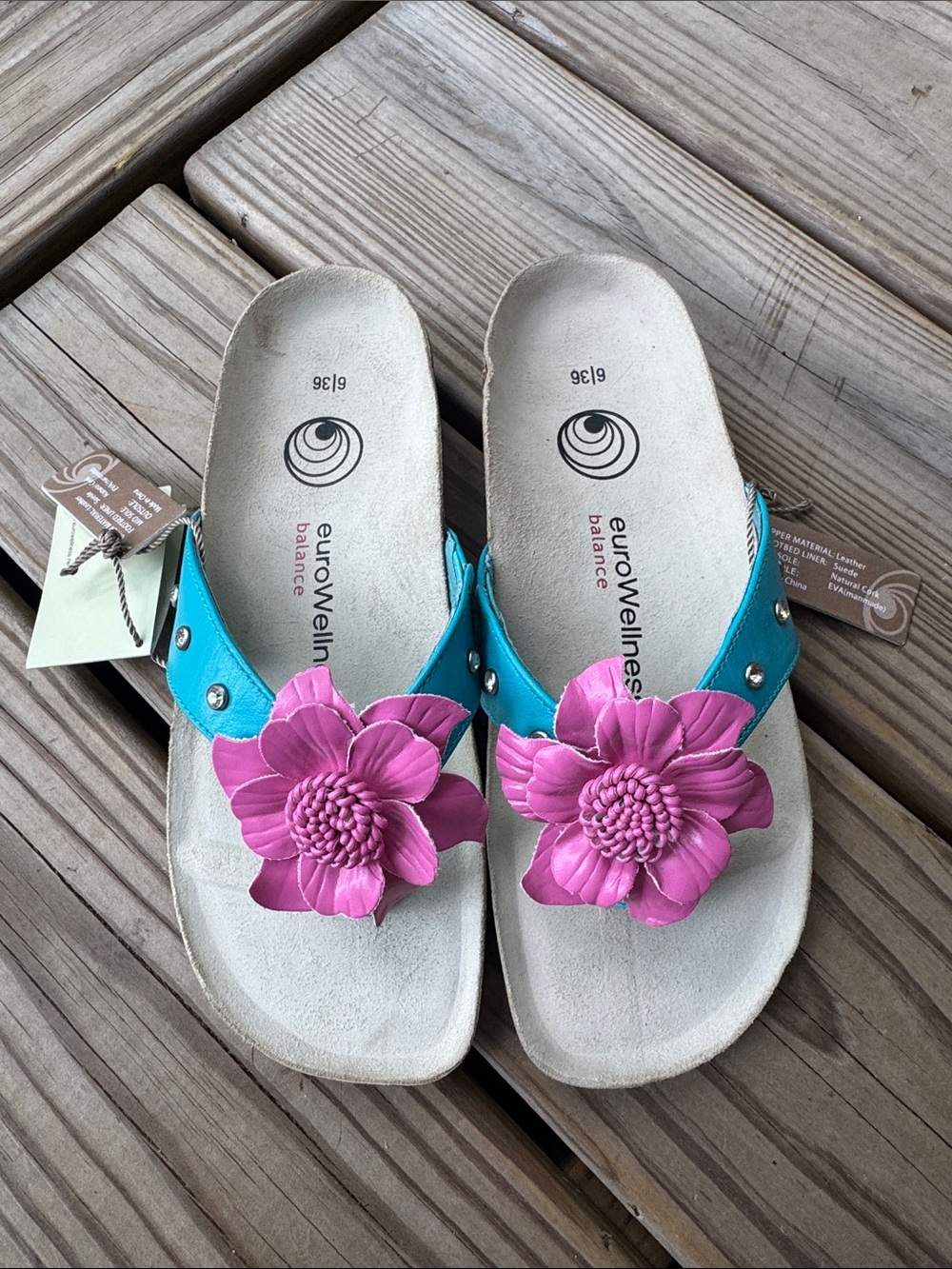 EuroWellness Turquoise Sandals with Pink Flower Accents